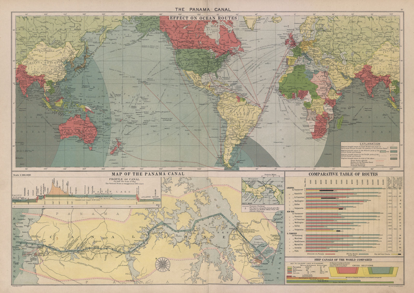 PANAMA CANAL. Effect on Ocean Routes. Map & profile. LARGE 50x70cm 1916